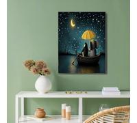 GUCSMN Tableaux Muraux Conte De Fées - 60x80cm - Peinture Décoration - Posters Arts Mural Motif Pingouins Éléphants Sous Ciel Étoilé Vert foncé, Convient pour Chambre à Coucher Salon Décor - Cadeau