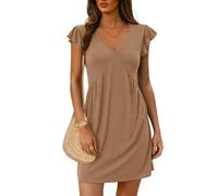 GUCURIN Robe Femme d'Été A-Ligne Robe Chic et Elégant Volants Manches Col en V Taille Haute Mini Robes Décontracté, Kaki, S