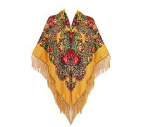 Gudessly Écharpe à frange pour femme, grand châle poncho traditionnel rétro motif floral, 157 x 157 cm, jaune, 62 * 62inch