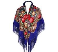 Gudessly Écharpe traditionnelle pour femme avec franges, châle rétro à motif floral, poncho, bleu roi, taille unique