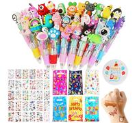 Gudotra Lot de 90 Cadeau Anniversaire Enfants 30 Stylos de 4 Couleurs avec Capuchon Animaux 30 Sacs Cadeau d'Anniversaire 30 Tatouage Temporaires Enfant et 1 Broches Joyeux Anniversaire