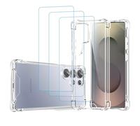 gueche Coque de protection 4 en 1 pour Samsung Galaxy S25 Ultra avec 3 films de protection en verre blindé, protection selon les normes militaires, anti-jaunissement, anti-chocs, transparente, verre