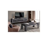 GUEDA - Ensemble Salon Effet Marbre Anthracite Meuble TV 4 Portes + Table Basse -
