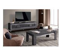 GUEDA - Ensemble Salon Effet Marbre Anthracite Meuble TV 4 Portes + Table Basse