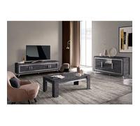 GUEDA - Ensemble Salon Effet Marbre Anthracite Meuble TV + Buffet avec Leds + Table Basse
