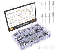 Gueenky 650 Pièces Rivet Inox, 3,2/4/4,8 mm Rivet Pop avec Rondelle, 6 Tailles Assortiment Rivets Aveugle pour Métal Bois Plastique, avec Boîte de Rangement