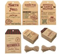 Gueevin Lot de 100 étiquettes de Noël vintage du Père Noël avec ficelle Pôle Nord Étiquettes cadeaux de Noël vintage en papier kraft pour cadeaux de Noël, décorations en papier cadeau, 7,6 x 5,1 cm