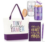 Gueevin Tiny Humans Tamer Daycare Teacher Appréciation Gifts Funny Babysitter Maman Cadeaux pour femmes, enseignants, garderie préscolaire maternelle Comprend un sac fourre-tout, une tasse en verre