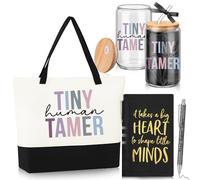 Gueevin Tiny Humans Tamer Daycare Teacher Appréciation Gifts Funny Babysitter Maman Cadeaux pour femmes, enseignants, garderie préscolaire maternelle Comprend un sac fourre-tout, une tasse en verre