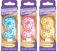 Günthart Bougie de cire n°3 Bougie d'anniversaire 1 pièce Couleurs assorties