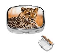 Guépard Waiting for an Opportunity Pilulier carré portable à 2 compartiments pour poche ou sac à main, pilulier hebdomadaire, organiseur décoratif en métal pour médicaments, vitamines, cadeau de