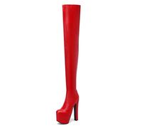 Gueploer Bottes Au-Dessus du Genou, Femmes À Bout Rond À Talon Épais Plate-Forme Cuisses Hautes pour La Fête, Le Bal, La Vie Quotidienne,Rouge,42 EU