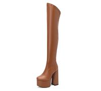 Gueploer Bottes Au-Dessus du Genou, Femmes Bloc Talons Plateforme Stretch Cuisses Hautes pour La Fête, La Vie Quotidienne,Marron,36 EU