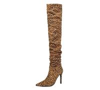 Gueploer Bottes Au-Dessus du Genou, Femmes Pointues Imprimé Léopard Cuissardes Hautes À Talons Fins pour La Fête, La Vie Quotidienne,Léopard,34 EU