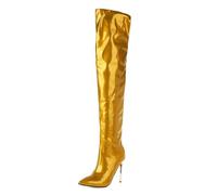Gueploer Bottes Au-Dessus du Genou pour Femmes, Talons Aiguilles Pointus Cuissardes Hautes en Cuir Verni pour La Fête, Le Bal, Le Quotidien,Jaune,36 EU