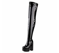 Gueploer Bottes au-Dessus du Genou pour Les Femmes, 14 cm à Talon épais Plate-Forme Cuisses Hautes pour la fête, Le Bal de Fin d'année, la Vie Quotidienne,Black2,36 EU
