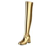 Gueploer Bottes Au-Dessus du Genou pour Les Femmes, Bottes À Talon Épais À Bout Rond pour Fête, Quotidien, Travail,d'or,36 EU