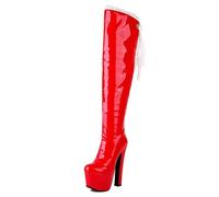 Gueploer Bottes Au-Dessus du Genou pour Les Femmes, Bout Rond Talons Épais Plate-Forme Cuissardes Hautes pour La Fête, Tous Les Jours,Rouge,44 EU