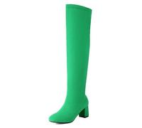 Gueploer Bottes au-Dessus du Genou pour Les Femmes, Bouts Ronds à Talons épais Bottes de Cuisse Hautes Extensibles pour la fête, Le Banquet, Le Quotidien,Vert,36 EU