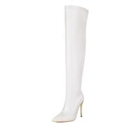 Gueploer Bottes Cuissardes pour Femmes, Bottes Longues à Bout Pointu avec Doublure en Polaire pour fête ou Mariage,Blanc,34 EU