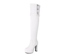 Gueploer Bottes Cuissardes pour Femmes, Bottes Longues avec Bout Rond et Talons épais pour soirée et Vie Quotidienne,Blanc,37 EU