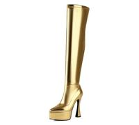 Gueploer Bottes Femme Au-Dessus du Genou À Bout Pointu, Fermeture Éclair Latérale Talons Épais Bottes Longues Jusqu'à La Cuisse pour La Vie Quotidienne,d'or,34 EU