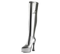 Gueploer Bottes Femme Au-Dessus du Genou À Bout Pointu, Fermeture Éclair Latérale Talons Épais Bottes Longues Jusqu'à La Cuisse pour La Vie Quotidienne,Argent,47 EU