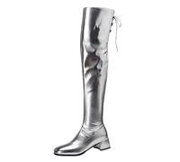 Gueploer Bottes Femme Au-Dessus du Genou, Bout Rond, Talons Carrés Bottes Longues Jusqu'À La Cuisse avec Fermeture Éclair Latérale pour Soirée Ou Mariage,Argent,38 EU