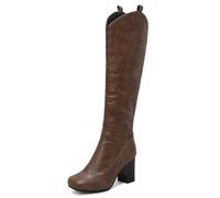 Gueploer Bottes Hautes À Talons Épais, Femmes À Bout Rond Bottes Longues avec Fermeture Éclair Latérale pour La Fête, Tous Les Jours,Marron,49 EU