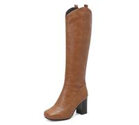 Gueploer Bottes Hautes À Talons Épais, Femmes À Bout Rond Bottes Longues avec Fermeture Éclair Latérale pour La Fête, Tous Les Jours,Jaune,49 EU