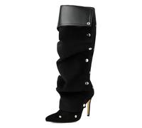 Gueploer Bottes Hautes Classiques pour Femmes, Talons Fins Pointus Bottes Longues en Daim pour La Vie Quotidienne, La Fête, Le Bal De Fin D'Année,Noir,39 EU
