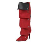 Gueploer Bottes Hautes Classiques pour Femmes, Talons Fins Pointus Bottes Longues en Daim pour La Vie Quotidienne, La Fête, Le Bal De Fin D'Année,Rouge,33 EU