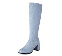 Gueploer Bottes Hautes Femme, Bottes Longues en Tissu Denim À Bout Rond avec Talons Blocs pour Soirée, Quotidien, Travail,2,38 EU