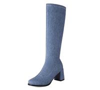 Gueploer Bottes Hautes Femme, Bottes Longues en Tissu Denim À Bout Rond avec Talons Blocs pour Soirée, Quotidien, Travail,1,33 EU
