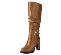 Gueploer Bottes Hautes Longues Classiques pour Femmes, Bouts Ronds à Talons épais Bottes genouillères pour la Vie Quotidienne, fête,Marron,36 EU