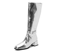 Gueploer Bottes Hautes pour Femmes À Talon Bloc avec Fermeture Éclair sur Le Côté, Au-Dessous du Genou, pour La Vie Quotidienne,Argent,40 EU