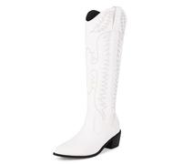 Gueploer Bottes Hautes pour Femmes, Bottes À Talons Blocs, Bottes À Talons Hauts Pointues pour Banquet Ou Soirée,Blanc,34 EU