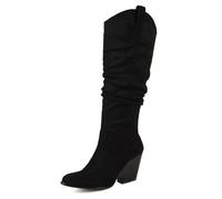 Gueploer Bottes Hautes pour Femmes, Bottes Longues en Daim Au Genou À Talons Épais Et Bout Rond Classique pour Soirée Ou Banquet,Noir,42 EU