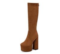 Gueploer Bottes Hautes pour Femmes, Bottes Longues en Velours À Bout Rond avec Plateforme Et Talons Blocs De 15 Cm pour La Vie Quotidienne Et Les Fêtes,Marron,43 EU