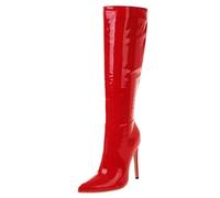 Gueploer Bottes Hautes pour Femmes, Bottes Longues Longues en Cuir Verni À Talons Aiguilles Pointus Classiques pour La Fête, Le Banquet, La Vie Quotidienne,Rouge,35 EU
