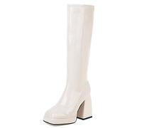 Gueploer Bottes Hautes pour Femmes, Bouts Carrés Talons Carrés Bottes Longues en Cuir Verni De Couleur Unie pour La Fête Quotidienne,Beige,36 EU