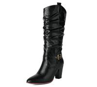 Gueploer Bottes Hautes pour Femmes, Bouts Ronds À Talons Carrés Bottes Longues pour La Fête, Le Quotidien, Le Travail,Noir,36 EU