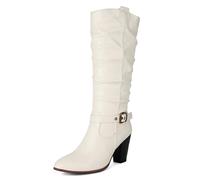 Gueploer Bottes Hautes pour Femmes, Bouts Ronds À Talons Carrés Bottes Longues pour La Fête, Le Quotidien, Le Travail,Beige,36 EU