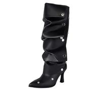 Gueploer Bottes Hautes pour Femmes, Talons Fins Pointus PU sous Le Genou Bottes Longues pour La Fête, Le Banquet, La Vie Quotidienne,Noir,35 EU
