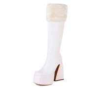 Gueploer Bottes Longues À Talon Épais, Femmes À Bout Carré Plate-Forme Bottes Hautes pour La Fête, La Vie Quotidienne,Blanc,40 EU