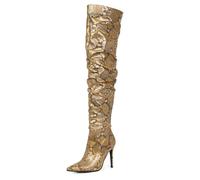 Gueploer Bottes Longues À Talons Hauts, Femmes À Talons Fins Pointus Cuissardes Hautes avec Doublure Polaire Fine pour La Fête, Tous Les Jours,d'or,40 EU