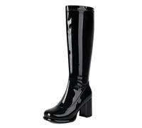 Gueploer Bottes Longues en Cuir Verni, Femmes Bout Rond Talons carrés Bottes genouillères pour la fête, la Vie Quotidienne,Noir,45 EU