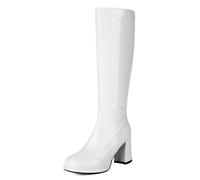 Gueploer Bottes Longues en Cuir Verni, Femmes Bout Rond Talons carrés Bottes genouillères pour la fête, la Vie Quotidienne,Blanc,33 EU