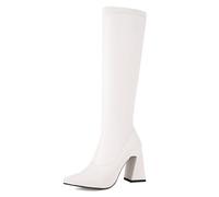 Gueploer Bottes Longues Extensibles pour Femmes, Blocs Pointus Talons Minces Bottes Hautes pour La Vie Quotidienne, Banquet, Bal De Fin D'Année,Blanc,45 EU