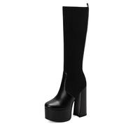 Gueploer Bottes Longues Extensibles pour Femmes, Bottes À Talon Épais avec Plateforme, Bottes Noires en Tricot, Bottes Hautes pour Soirées, Vie Quotidienne, Bal,Black1,40 EU